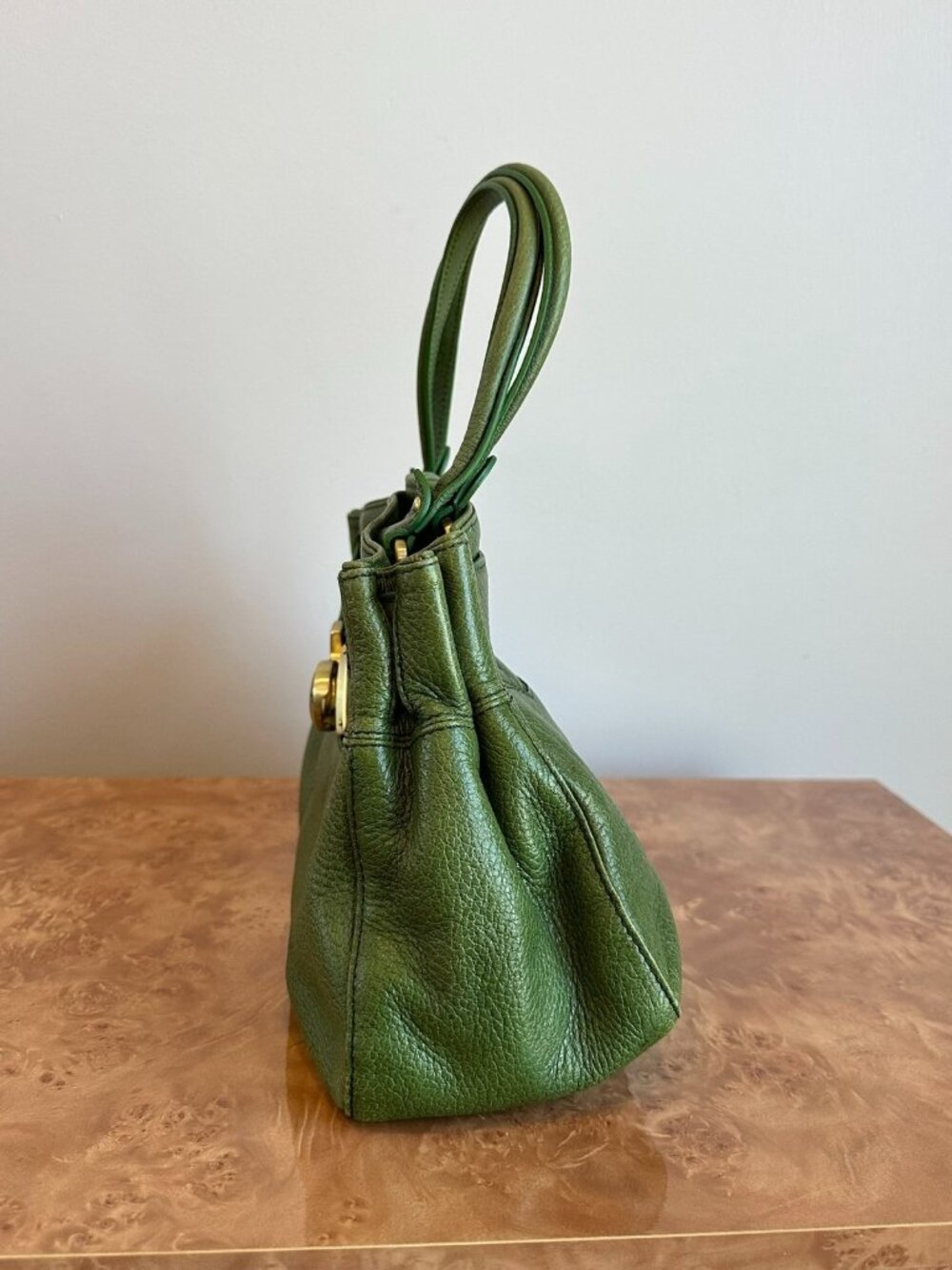 Cole Haan Green Pebbled Leather Satchel Turnlock Top Handle Bag Classic - Picture 6 of 9